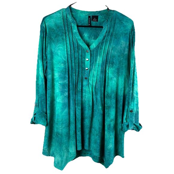 New Directions Women’s Green Tie Dye Button Pleated Tunic Top 3/4 sleeve Size XL - Picture 1 of 5